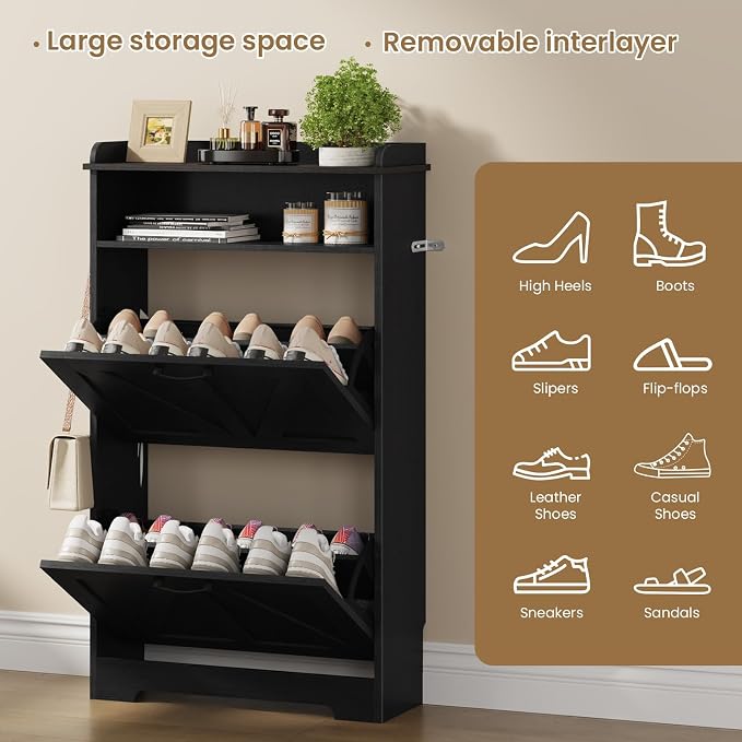 Shoe Cabinet Organizer with 2 Flip Drawers, Farmhouse Narrow Shoe Storage Cabinet with 2 Adjustable Shelves & 2 Hooks, 23.6"W x 8.7"D x 41.8"H Shoe Rack for Entryway, Foyer, Hallway, Black