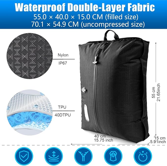 Travel Vacuum Bags with Pump–Electric Wireless Air Pump, Double Layer travel vacuum bags for luggage with IP67 Waterproof (Large size 2PC+Pump)