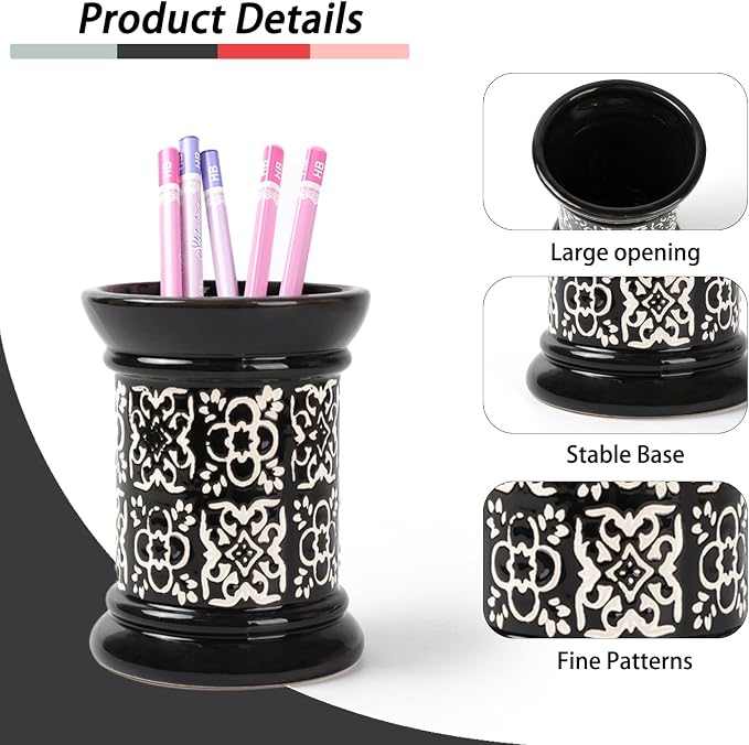 Printed Pencil Holder, Cute Pen Holder for Desk, Ceramic Carved Cylinder Pencil Holder, Office Decoration Container Islamic Style(Black)