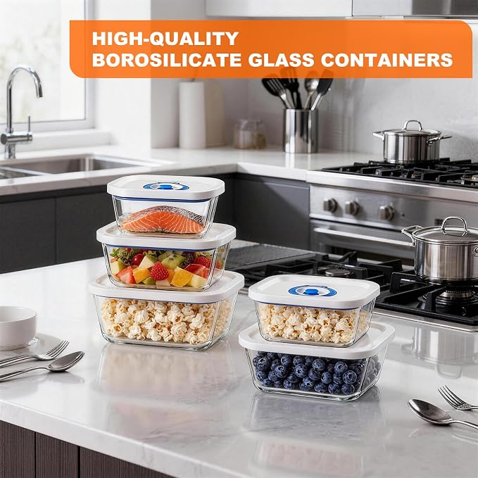 Vacuum Seal Borosilicate Glass Containers for Food Storage, 3 Sizes (S M L) Compatible with Desktop and Handheld Vacuum Sealer Machines, Airtight Lid Set