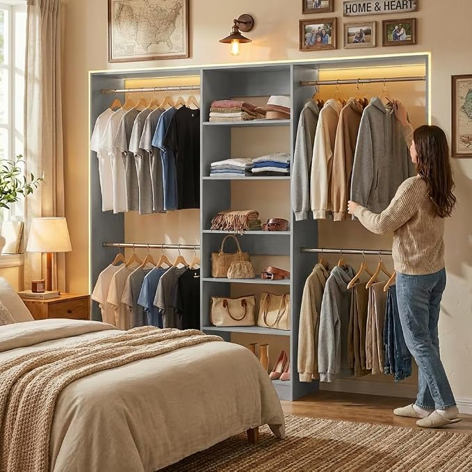 Homieasy Closet System, 4.5-11.5 Ft Expandable Closet Organizer with 5 Hanging Rods, Walk-in Wood Closet Organizer System with Storage Tower, Heavy Duty Garment Rack Wardrobe for Bedroom, Gray