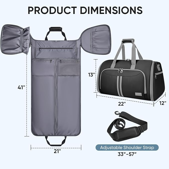 BALEINE Travel Garment Bag, Travel Suit Bag for Men, Water Resistant Carry on Garment Bag for Hanging Clothes, Garment Duffel Bag for Travel Business (Black-Convertible)