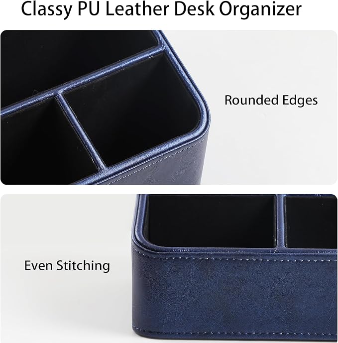 PU Leather Remote Control Holder, Nightstand Organizer with 4 Compartments | Luxury Desk Caddy with Velvet Lining, Small Desk Organizer for Living Room, Bedroom, Bedside, End Table, 6.8" x 6.7" x 4"