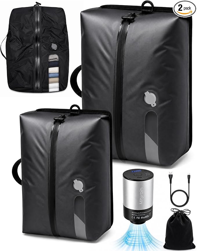 Mity rain 2Pack Travel Vacuum Bags with Pump 5.5kPa Rechargeable | IPX8 TPU Compression Bags, Save 50% Space, 16L/22L Flight & Cruise Essentials 2026
