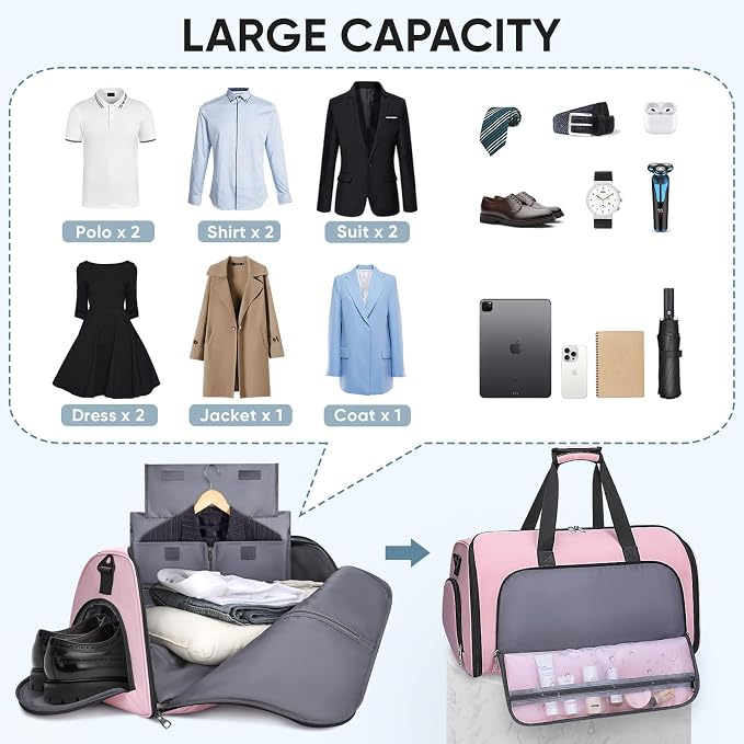 BALEINE Travel Garment Bag, Travel Suit Bag for Men, Water Resistant Carry on Garment Bag for Hanging Clothes, Garment Duffel Bag for Travel Business (Pink-Convertible)