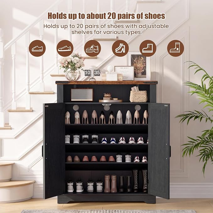 ALLSTAND 6-Tier Shoe Cabinet with Doors, Entryway Shoe Rack Shoe Storage Cabinet with Adjustable Shelves & Anti-tip Fitting, Farmhouse Shoe Cabinet Storage for Entryway, Living Room, Closet, Black