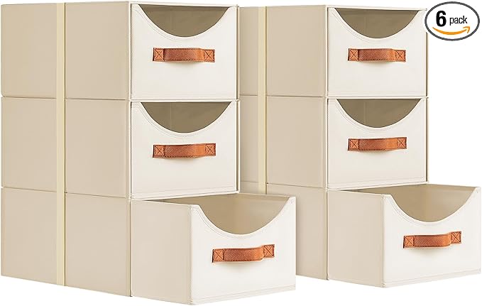 Homsorout Stackable Storage Drawers - Collapsible Storage Bins with Drawers, 6 Pack Closet Shelf Organizer Basket, Fabric Pull Out Organizer for Bedroom, Living Room, Dorm, Beige