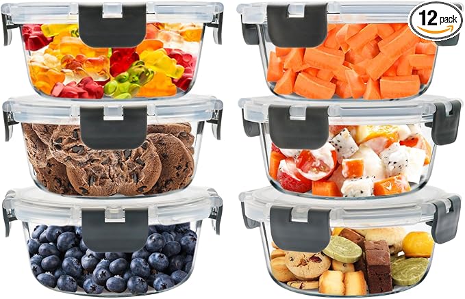 6 Pack 13oz Small Round Glass Meal Prep Containers with Airtight Lids | Perfect for Small Portions, Glass Food Storage Containers with Snap Lids, Freezer to Microwave Safe, Dishwasher Safe