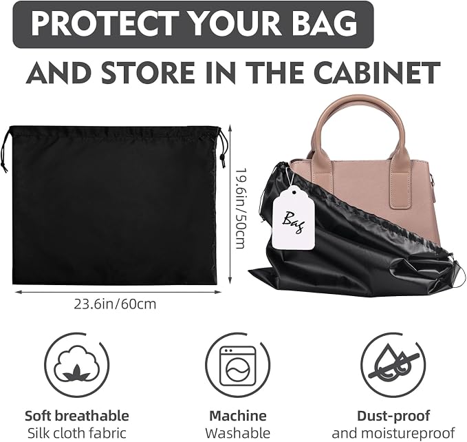 6 Pack Purse Dust Bags Large Silk Drawstring Dust Bag Cover for Handbag Shoe Storage(Black, L-23.6 × 19.6 in)
