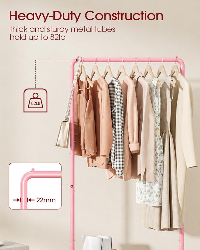 Sakugi Clothes Rack - Clothing Rack with Storage Mesh Shelf & Casters, Heavy-Duty Metal Clothing Rack for Hanging Clothes, Dresses, Coats, Large Load Capacity, Easy Assembly, Pink, 28.0"x16.9"x59.0"