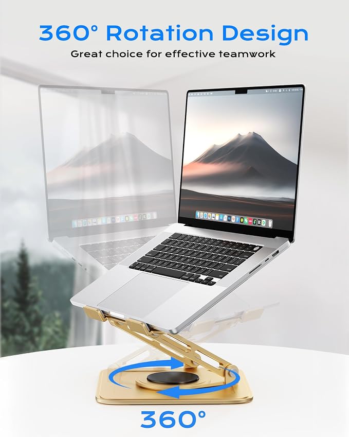 LOXP Adjustable Laptop Stand, Computer Stand with 360 Rotating Base, Ergonomic Laptop Riser Mount for Desk Foldable Protable Computer Desk Fits with MacBook Pro Air (10-16") - Gold