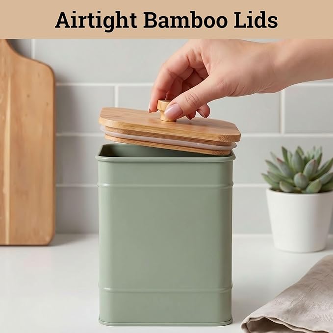 Kitchen Canisters for Countertop Set of 3 w/ Chalkboard Labels & Marker Pen | Airtight Easy Open Bamboo Lids, Dent-Resistant Thick Metal, Customizable Chalkboard Labels, Marker Pen Included, Set of 3