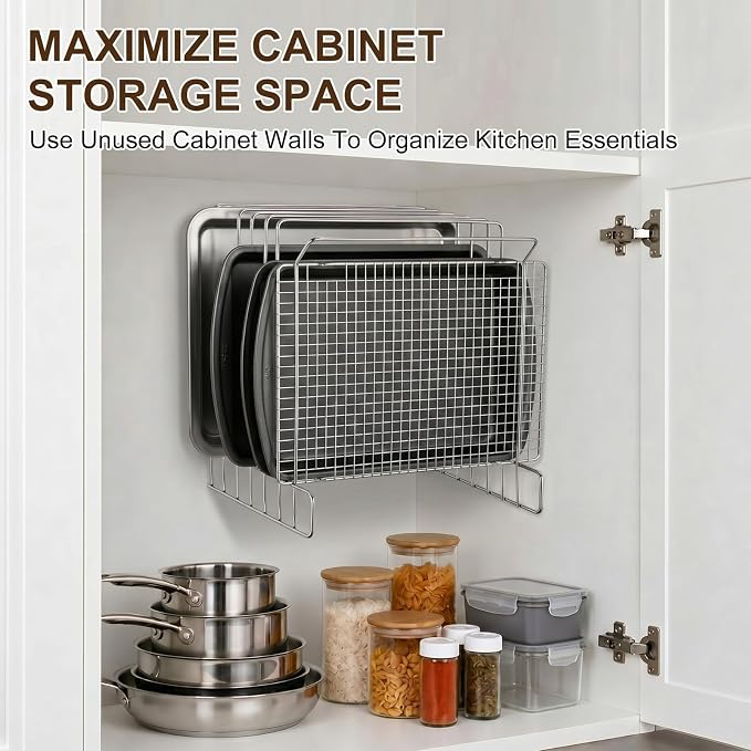 Geetery Wall Mount Cutting Board Rack 6-slot Metal Wire Polished Stainless Steel Cutting Board Organizer Holder for Commercial Kitchen Fits Baking Sheets and Pans Lids 9.5" x 7.4" x 10.5"