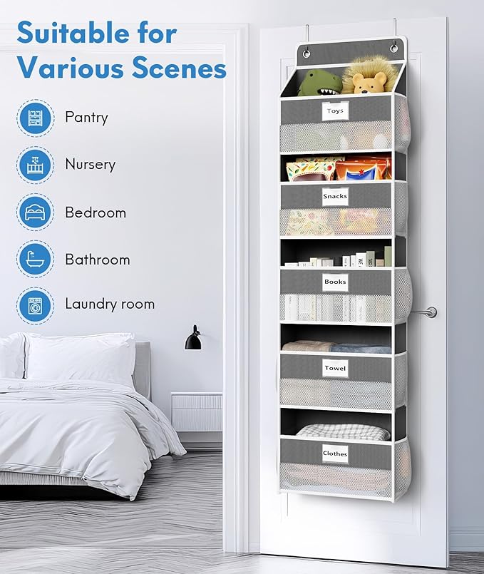 Optish Over The Door Organizer Hanging, 2 Pack 5 Shelf Behind The Doors Storage, Pantry Door Organizer, Closet Organizers for Bedroom and Nursery (Dark Grey)