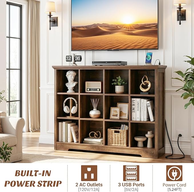 Aheaplus Wooden 12-Cube Storage Organizer with Charging Ports, Modern Cube Bookcase with Base, 4-Tier Floor Standing Open Cubbies Bookshelf, Cubicle Display Shelf for Home and Office, Cracked Oak