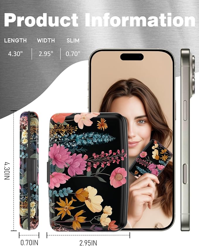 Maicican Credit Card Holder, Mini RFID Blocking Aluminum Wallet | Slim Metal Hard Case Travel Wallet ID Case for Women and Men, 4.3 x 2.9 Inches, Blooming Flowers