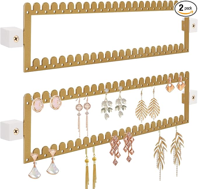2 Tier Earring Holder Organizer Wall Mounted,2PCS Metal Earring Display Storage with 96 Holes and 92 Grooves Hanging Jewelry Organizer Tree for Stud/Hoop/Dangle Earrings Necklace（Gold）