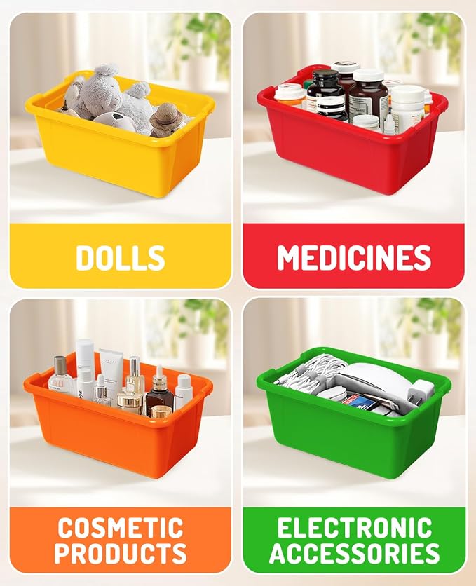GAMENOTE 6 Quart Storage Bins with Lids, Plastic Latching Box for Classroom & Kids Toy Storage,Stackable Shoe Box Size Containers for STEM Morning Tubs, Crafts & Blocks (6, Colorful Without Lid)