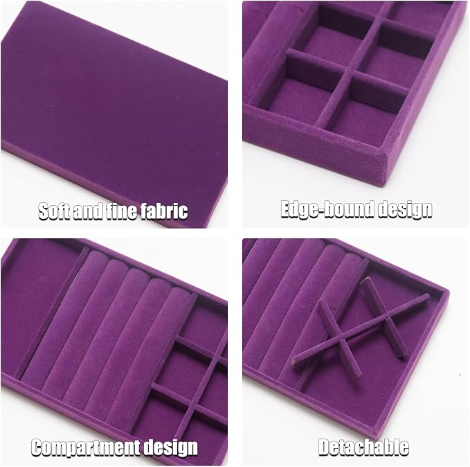 Velvet Jewelry Trays for Drawers, Purple Stackable Jewelry Drawer Organizer Inserts, Ring Earring Necklace Bracelet Holder Organizer Storage Display Tray with Removable Dividers, 3-in-1