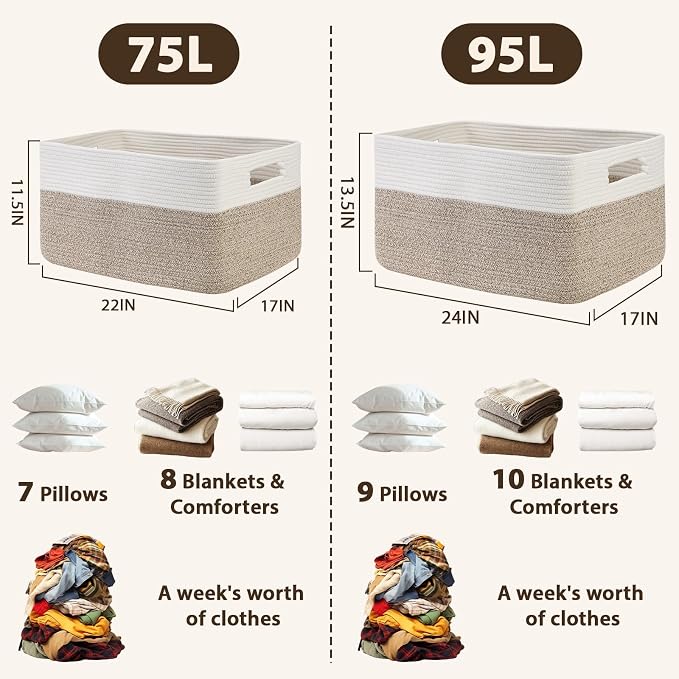 Optish 95L Large Blanket Basket, Woven Storage Baskets with Reinforced Handles, Rope Laundry Basket for Living Room, Bedroom, Nursery, Toys, Clothes,Pillows, 24” x 17” x 13.5”, White & Brown