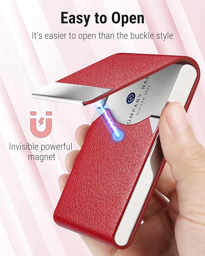 MaxGear Business Card Holder, PU Leather Business Card Case, Red | Stainless Steel Interior, Magnetic Closure, RFID Blocking, Holds 15–25 Standard Business Cards