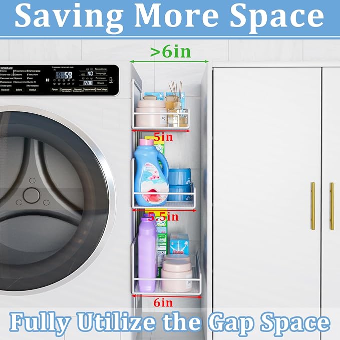 DTUQYX Magnetic Shelf for Washing Machine 4-Pack: Widen Magnetic Laundry Organizer (5"-6") with Hanger Organizer, Strong Magnet, Rust Proof, Heavy Duty Magnetic Spice Rack for Refrigerator (White)