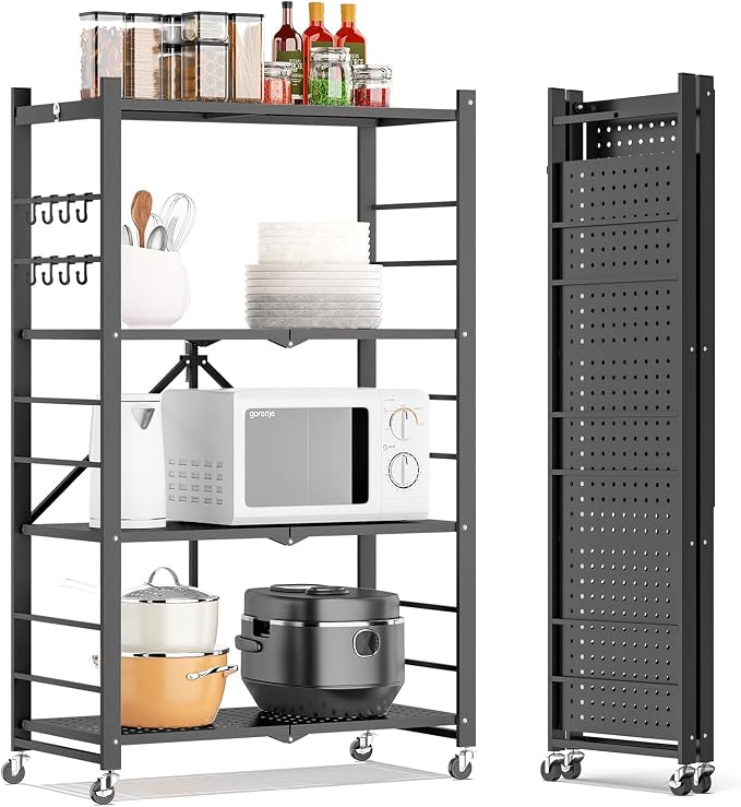 Fenbeli Foldable Shelves with Wheels - 4 Tier Folding Shelf, Collapsible No Assembly Metal Shelving Unit, Origami Storage Shelves & Rolling Storage Rack with 8 Hooks for Kitchen Pantry Garage