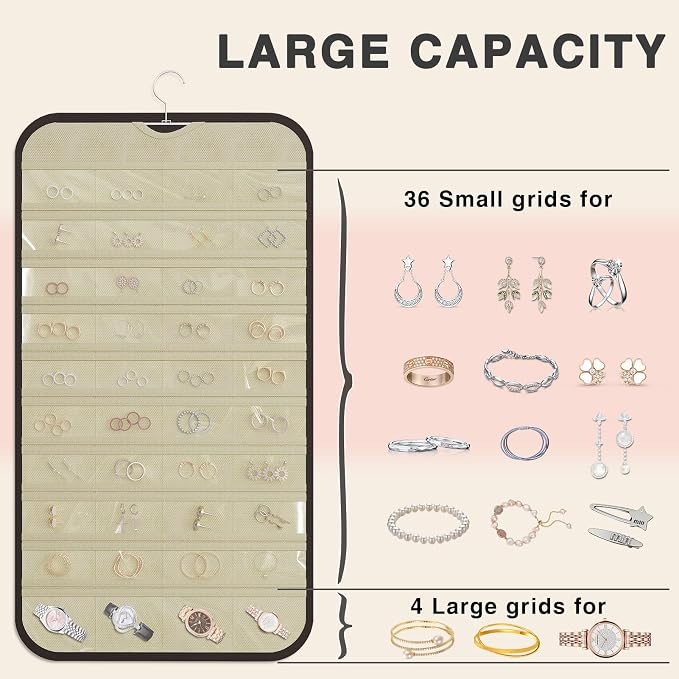 Hanging Jewelry Organizer for Necklaces Earrings, 1-Pack, Black and Beige | Foldable Double-Sided 36 hooks & 40 clear pockets; swivel hook fits walls, doors & rods for earrings, bracelets, rings