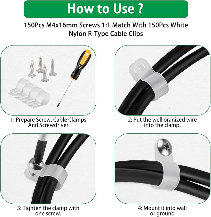 300 Pcs White R-Type Cable Clips, with M4 Screws Cord Organizer | Good Ductility, Fireproof, 6 Sizes (3/16'' 1/4'' 3/8'' 1/2'' 3/4'' 1''), 150pcs M4 Screws, for TV/PC/AC Cables & Wires.