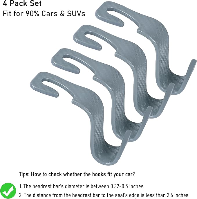 Car Seat Headrest Hook Universal Vehicle Seat Hook Hangers Interior Storage Organizer for Purse Handbag Coats Umbrellas Grocery Bags 4 Pack Grey