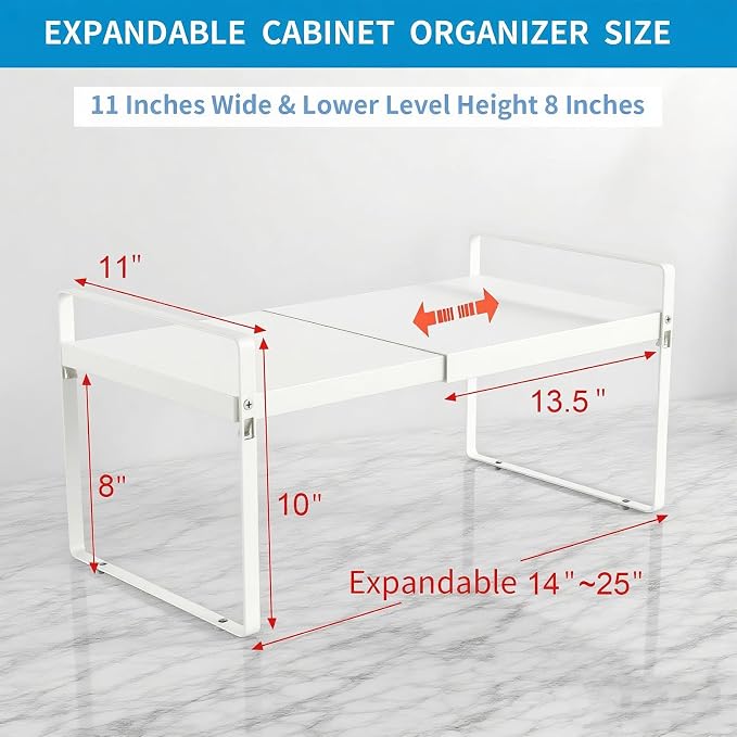 11" Deep Expandable Cabinet Organizer Shelf Riser, 14-25" Adjustable Heavy Duty Metal Pantry Storage Rack for Kitchen Cupboard, Under Sink & Countertop, 10" High Space Saver, 2-Pack White