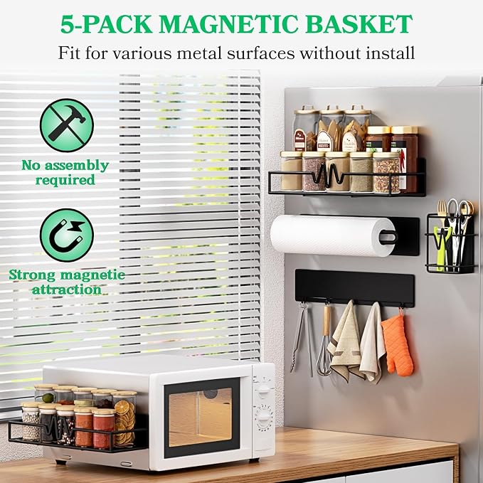 Ofiray-home 5-Pack Magnetic Spice Rack for Refrigerator, Black | Heavy Duty Magnetic Shelf, Paper Towel Holder Included, Utensils Racks & Hook Rail, Home Kitchen Laundry Room RV Storage