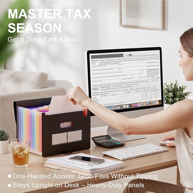 ThinkTex Accordion File Organizer, 12 - Pocket Expanding File Folders for Paper Receipts, Bills & Taxes Organizer, Letter/A4 Size Document Holder for School, Office, Home with Colorful tabs- Black