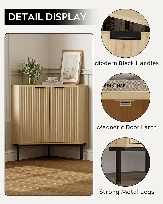 Modern Corner Cabinet, Fluted Wood Floor Storage Cabinet with Adjustable Shelf, Freestanding Narrow Organizer for Living Room Kitchen, Light Oak