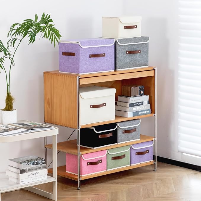 2PCS Storage Bins Box with Lids Decorative Cotton Linen Fabric Baskets Cubes with Handles PP Plastic Board Foldable Washable Lidded Clothing Shelf Closet Organizer Container (Beige, Large)