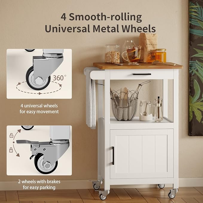 Qsun Rolling Microwave Cart with Storage, White | Microwave cart with wheels, Small Home Coffee Bar, Microwave Stand, Rolling Kitchen Cart with Side Hook