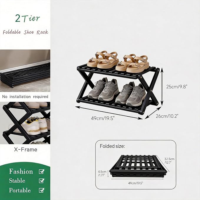 2 Tier Bamboo Shoe Rack Black,Portable Folding Shoe Storage Rack,Without Installation Small Shoe Rack Perfect for Corridors, Bedrooms and Small Spaces
