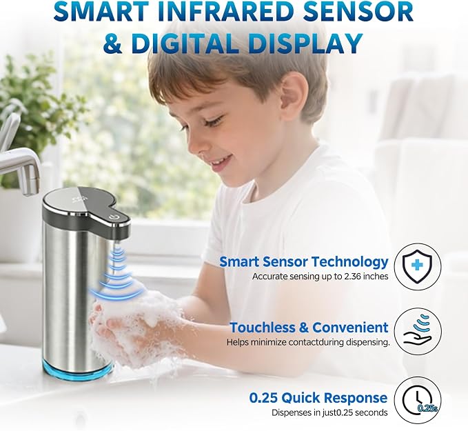 Automatic Liquid Soap Dispenser, Touchless Rechargeable Soap Dispenser for Kitchen & Bathroom, Stainless Steel, 4 Adjustable Liquid Levels, USB-C, Waterproof, 12oz/350ml
