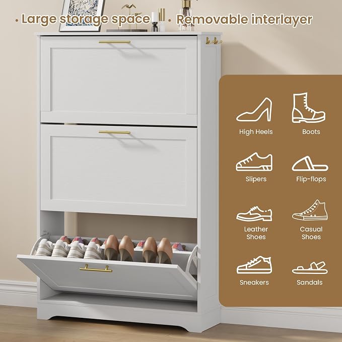 Shoe Cabinet Organizer with 3 Flip Drawers, Modern Narrow Shoe Cabinet with Metal Handles, Freestanding entryway Organizer with 2 Adjustable Shelves & 2 Hooks, for Foyer, Hallway, White