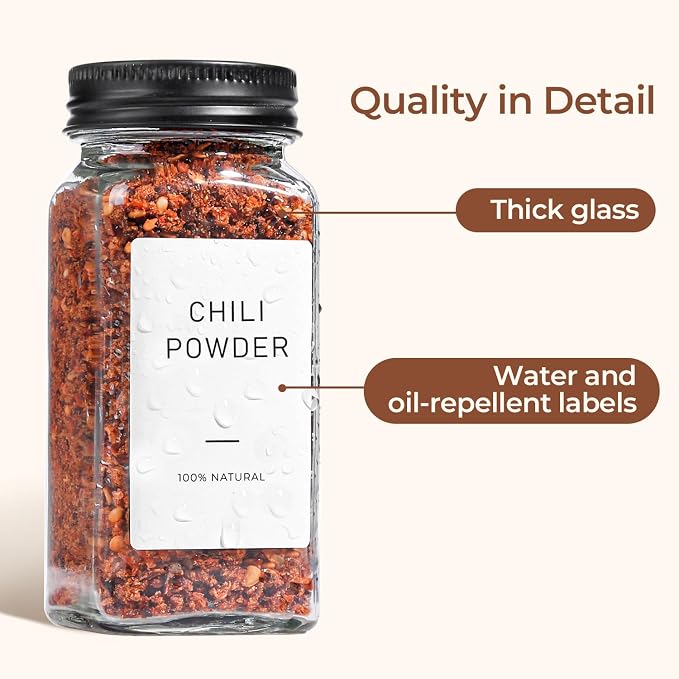 ComSaf Glass Spice Jars with with Labels 4 oz 6 Pack Small Square | Empty Containers, Seasoning Herb Powder, Salt Pepper Chili, Spice Rack Organization, Kitchen Cabinet Storage, Funnel Included