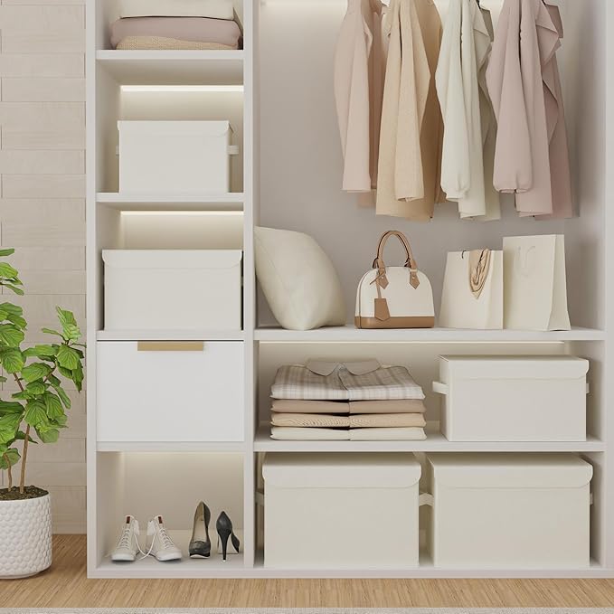 Storage Bins with Lids for Organizing, 4 Pack, Beige, 15x9.8x9.8 In | Closet Boxes with 2 Carrying Handles and Sturdy Heavy PP-board, Home Organizers Cubes for Clothes, Towels, Blanket