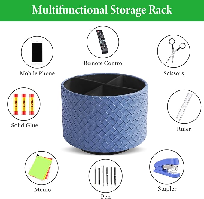 Round Leather Art Supply Organizer,Remote Control Holder,360 Degree Spinning,Multi-Functional Pencil Holder,4 Compartments Desktop Stationary Organizer(1-Weave Blue)