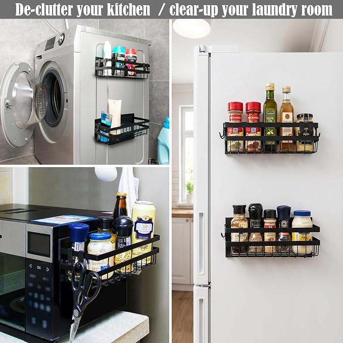 Magnetic Spice Rack Organizer for Refrigerator, Pack of 2, Fridge Organizer Shelf, Refrigerator Organizers and Storage, Multi Use Kitchen Magnetic Shelf,11.8″x4.5″x4.3″,Black