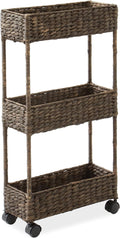 Casafield 3-Tier Slim Rolling Storage Cart - Espresso Dark Brown, Water Hyacinth Utility Cart for Bathroom, Craft Room, Nursery, Laundry Room Organization