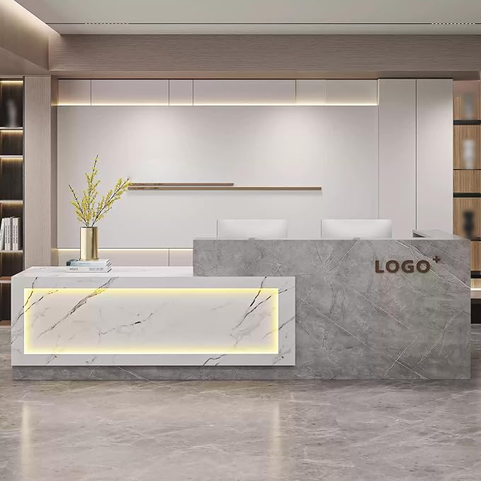 Modern Reception Desk with Counter, Front Desk Reception Counter with Lockable Drawer, Keyboard Tray & Storage Cabinet, Solid Wood Receptionist Table for Salon Office Lobby (E - Left, L 300cm/118in)