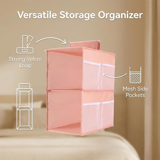 2-Shelf Closet Hanging Organizer Foldable Hanging Storage Shelves with Strong Magic Tapes Space-Saving Wardrobe Hanging Shelf for Clothes Towels Accessories Pink