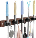 Broom Holder Wall Mount, Rustic Wood Broom Hanger with 5 Racks and 4 Hooks, Laundry Room Organization and Storage, Mop Holder for Home Decor, Garden, Garage, Kitchen, Closet (Black walnut Wood)