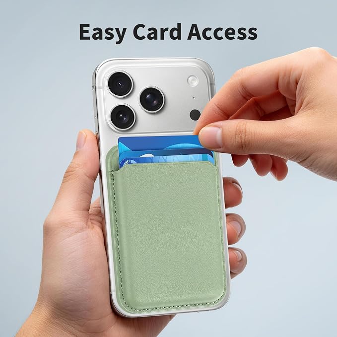 Magnetic Wallet Phone Card Holder for Phone Case with Mag-Safe, Stronger Magnetic RFID Leather Phone Wallet Stick on Series of iPhone 17/16/15/14/13/12 and Pro/Promax, Matcha Green