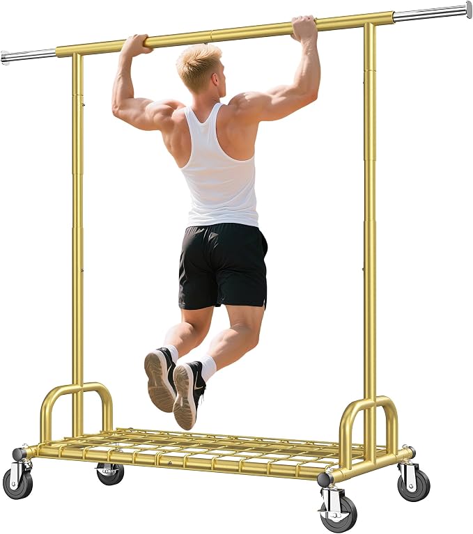 Raybee Heavy Duty Clothes Rack, Gold Clothing Racks for Hanging Heavy Clothes 200+, Rolling Clothing Rack Load 530 LBS, Extendable & Adjustable Portable Commercial Garment Rack with Wheels, Gold