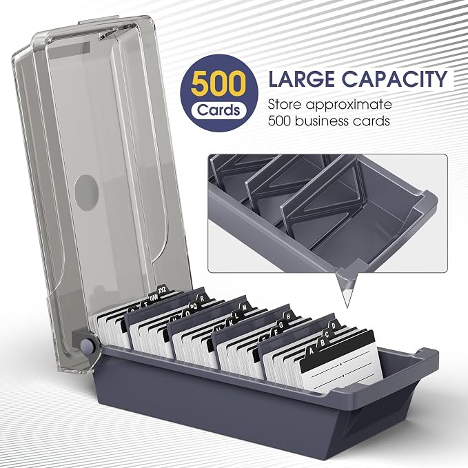 MaxGear Business Card Holder Desk, Large Plastic Business Card Box with Lid | Credit Cards Organizer Box for Office, File Storage Holds Up to 500 3.5” x 2.2” Cards, with Dividers A-Z Index Tabs, Gray